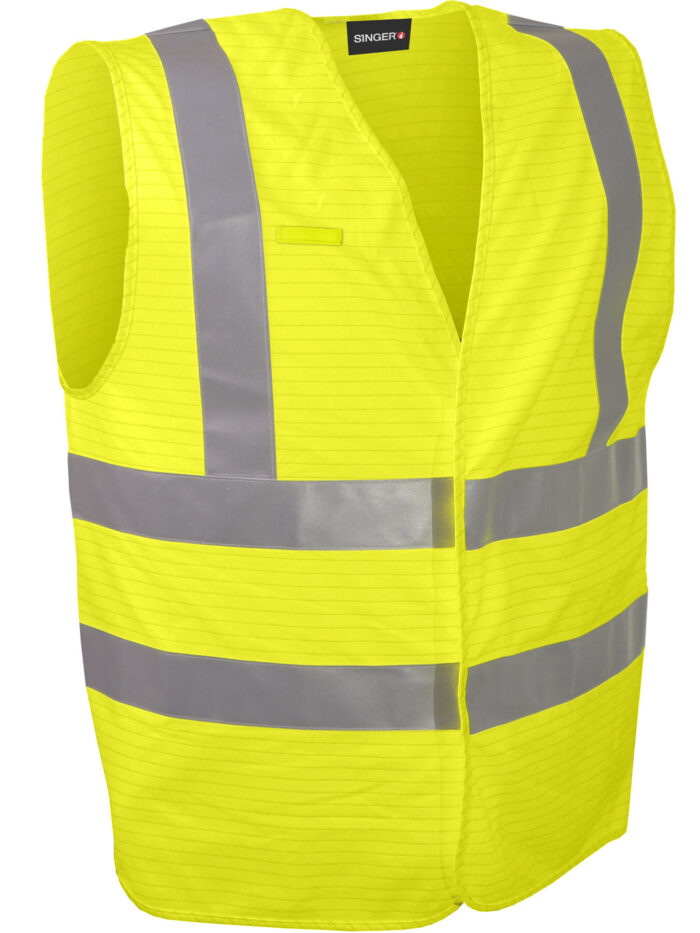 SINGER GILMRJ Moniriskinen korkean näkyvyyden liivi. 98% polyesteriä ja 2% hiiltä, 120 gsm.