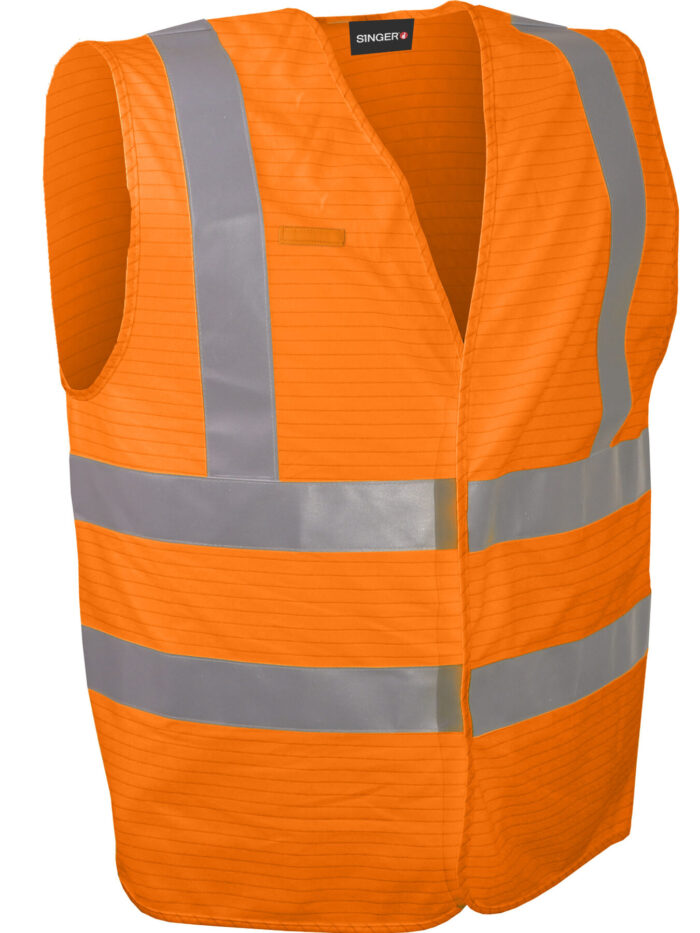 SINGER GILMRO Moniriskinen korkean näkyvyyden liivi. 98% polyesteriä ja 2% hiiltä, 120 gsm.