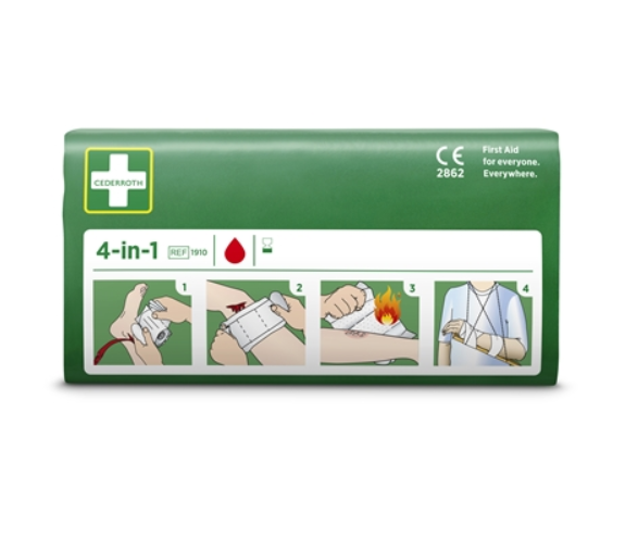 Ensiapuside 4-in-1 Cederroth 1910 – 14x23cm kompressi + 2 kpl sidettä 10cmx3m