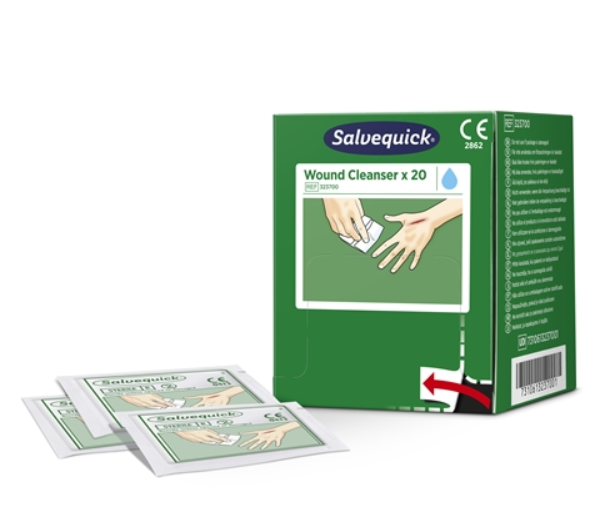 Haavanpuhdistuspyyhkeet Salvequick täyttöpakkaus – 20 kpl/pkt Cederroth-asemaan. 323700